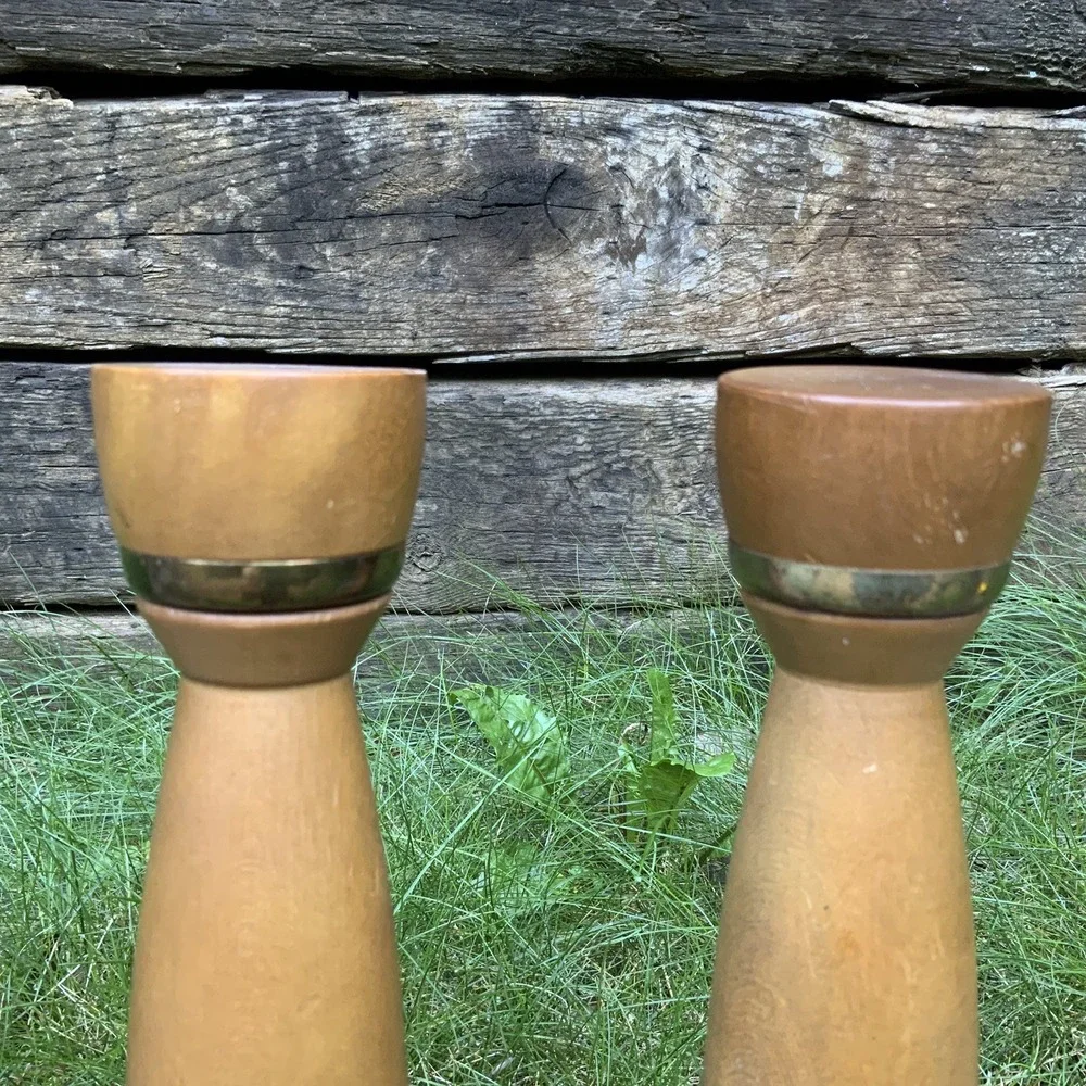 Vintage Mid Century Modern Tapered Wood Salt And Pepper‎ Shaker Set Japan 10.5